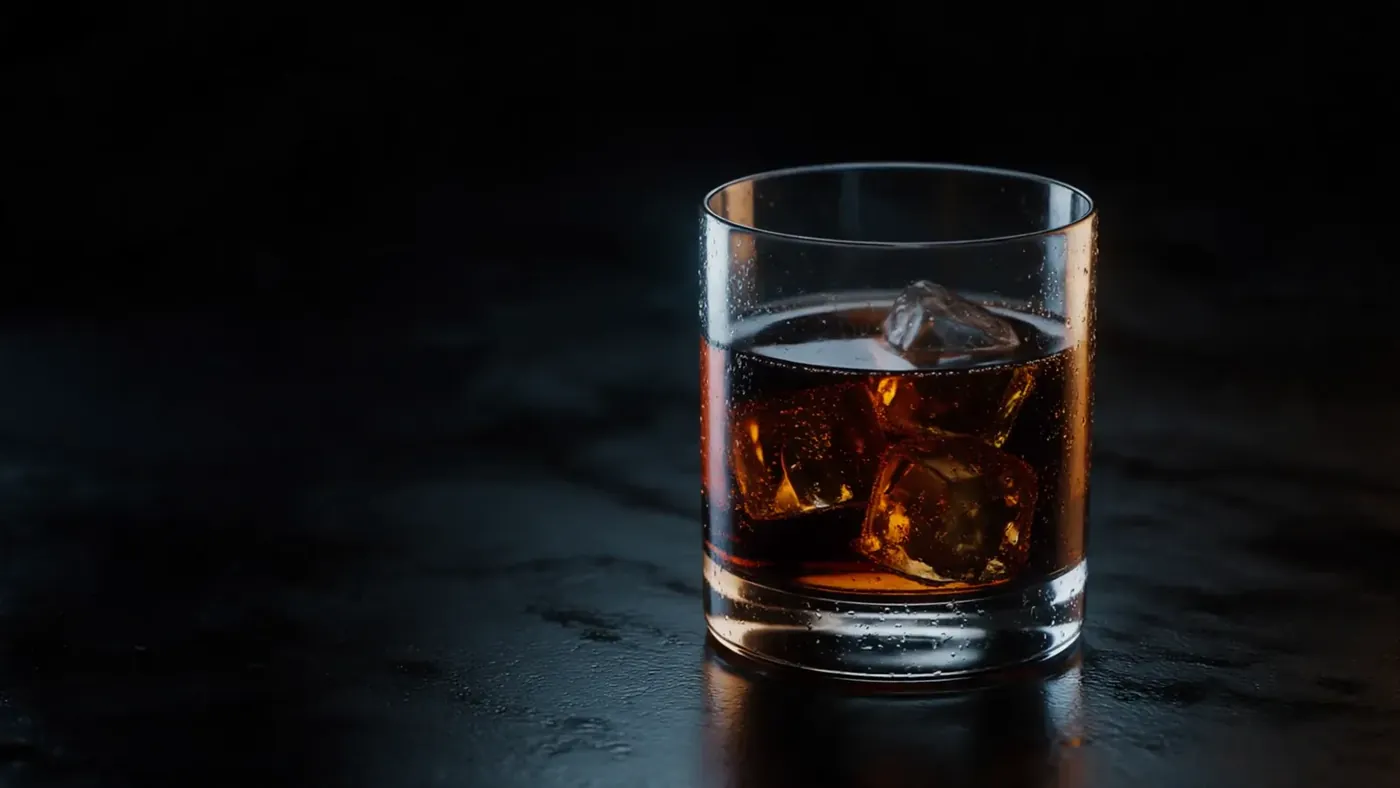 Een vol glas met ijs, wodka en cola op een donkere stenen ondergrond