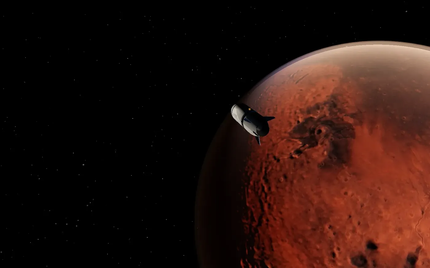 Het ruimteschip bij aankomst naast Mars